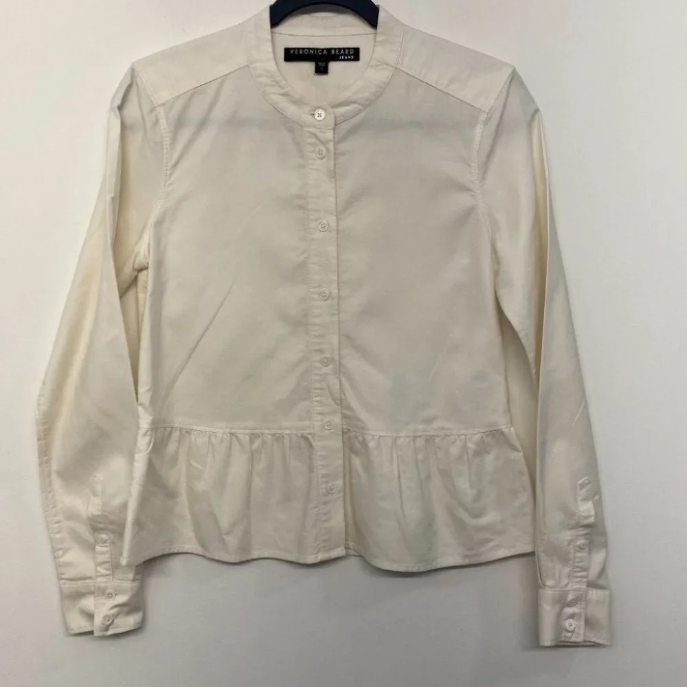 Veronica Beard Button Down Peplum‎ White Blouse Shirt Women's S Long Sleeve